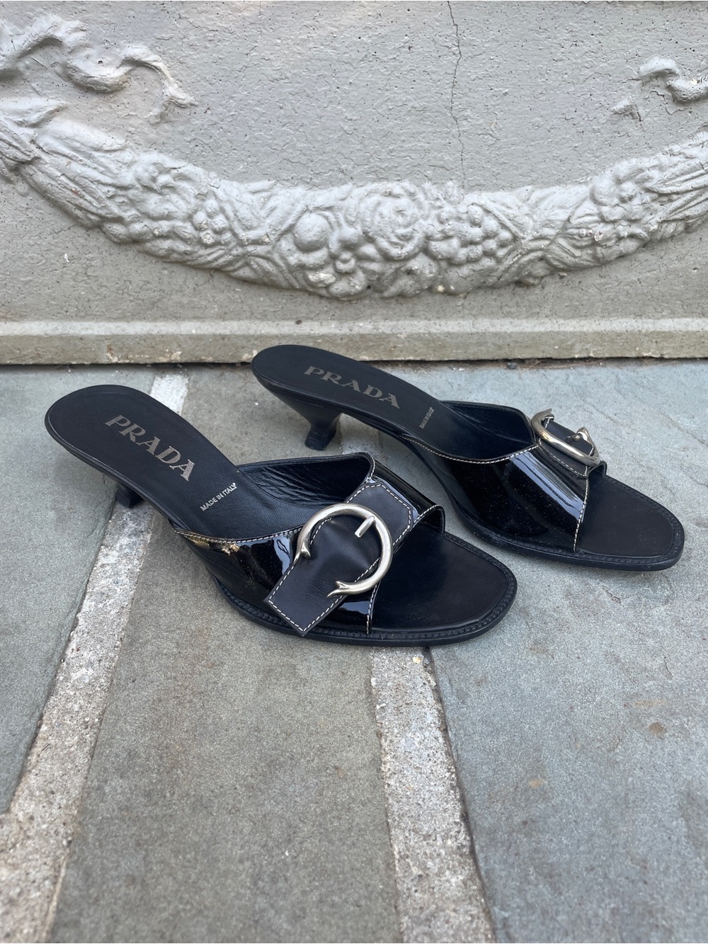 Prada Black Patent Leather Slip-On Mules with Silver Buckle